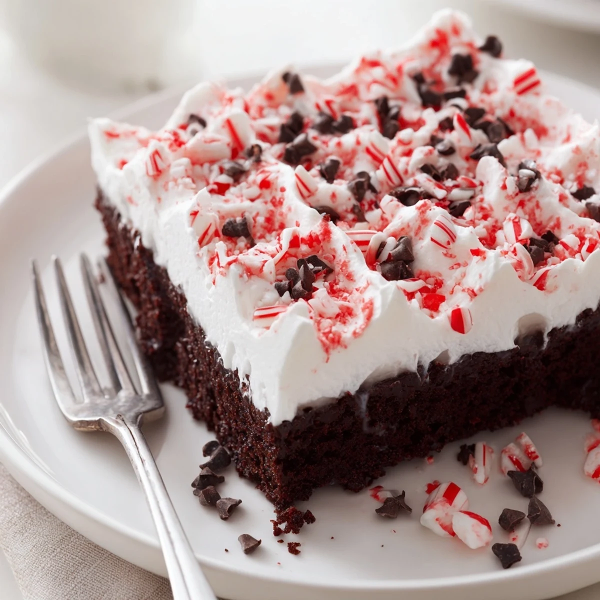 Peppermint Poke Cake chilled on a plate, whipped topping and crushed candies
