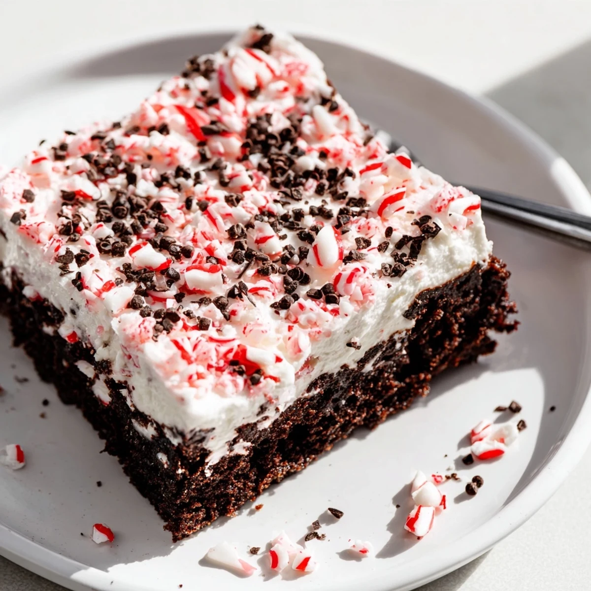 Homemade Peppermint Poke Cake, chilled after poking holes, ready to serve