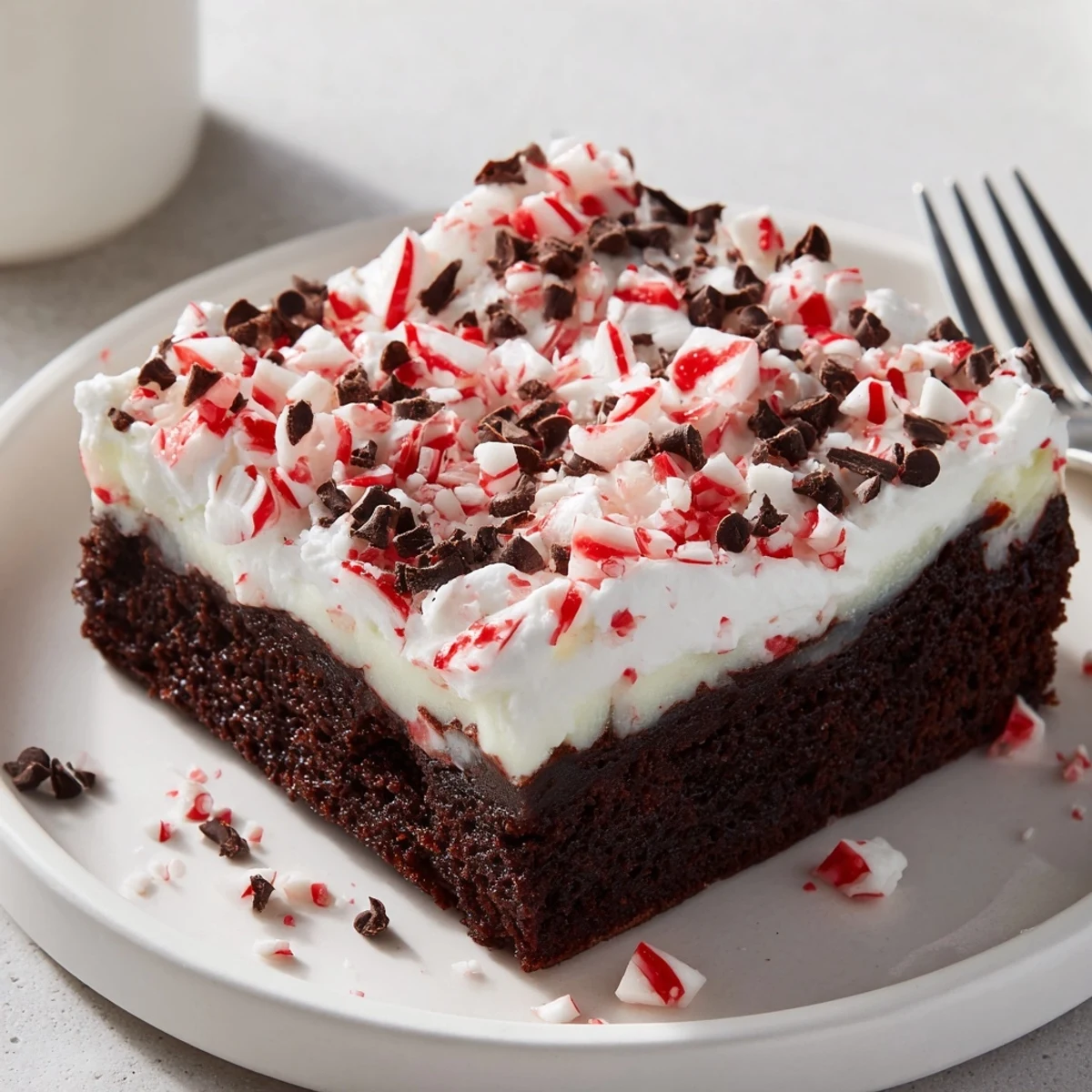 Sliced Peppermint Poke Cake with minty pudding filling and snowy whipped cream
