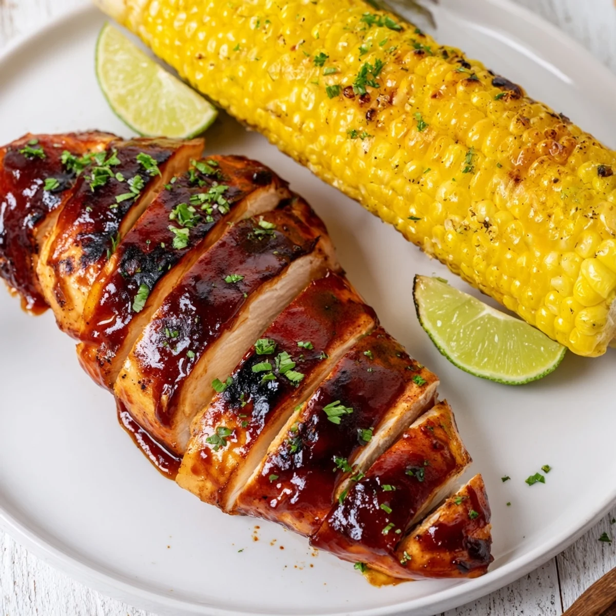 BBQ Chicken With Corn glazed and smoky, plated alongside creamy coleslaw