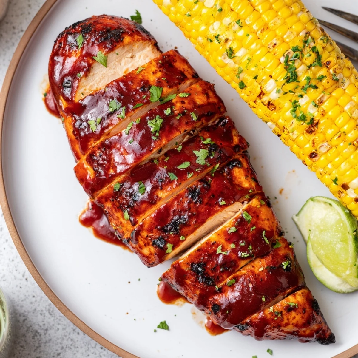 BBQ Chicken With Corn sizzling on the grill, charred kernels, lime wedge