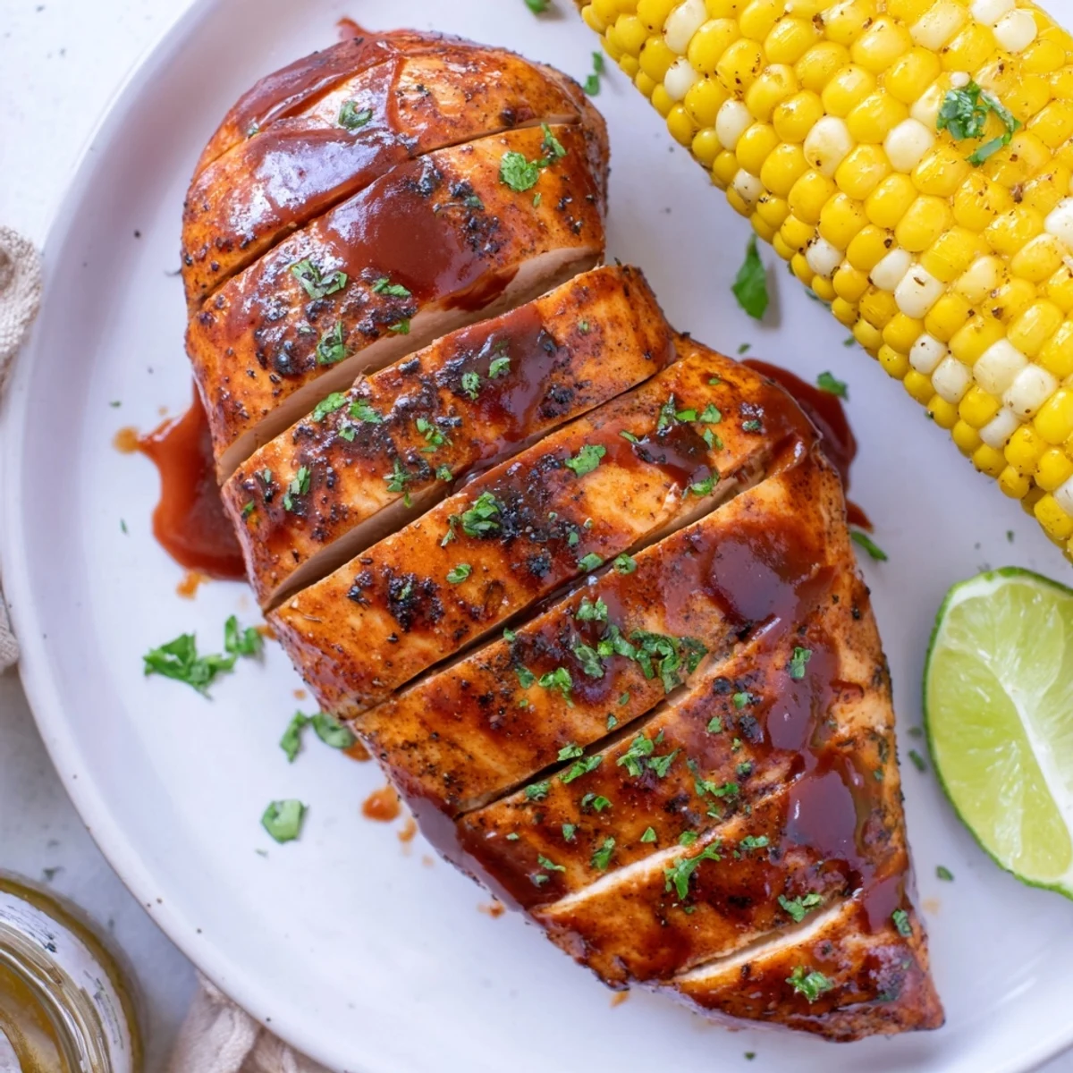 BBQ Chicken With Corn basted in tangy sauce, juicy slices, parsley garnish