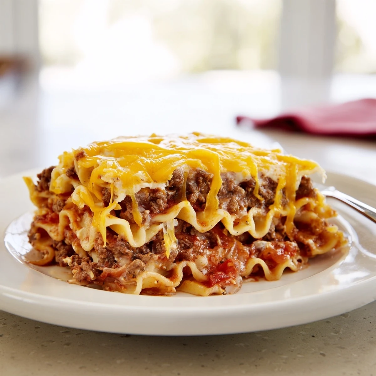 Warm Beef Lombardi Casserole topped with creamy cottage cheese and melted cheddar.