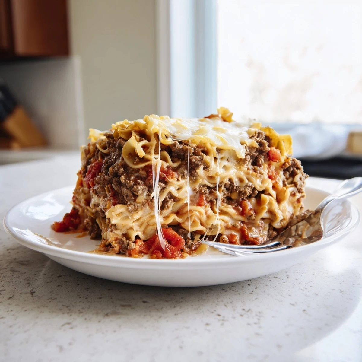 Beef Lombardi Casserole with golden bubbly cheddar topping, steam rising, ready to serve.