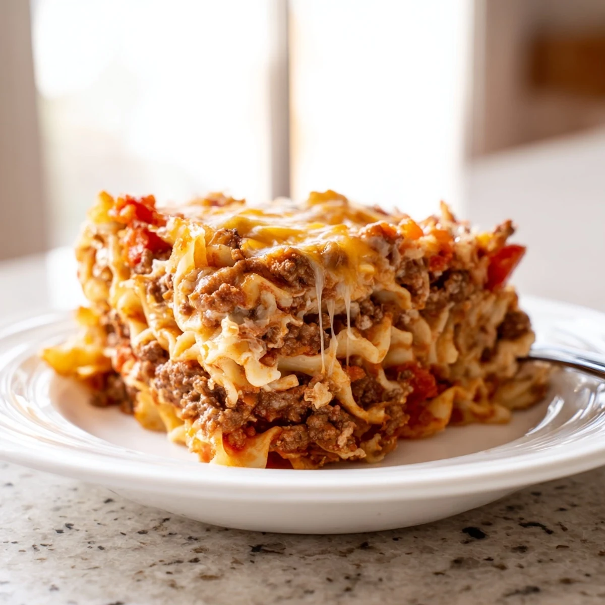 Rested and bubbling, a hearty slice of Beef Lombardi Casserole beside salad.