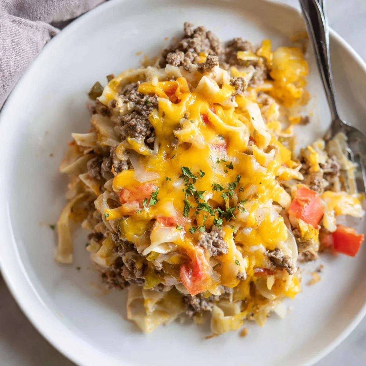 Beef Noodle Casserole bubbling with melted cheddar, golden edges, ready for serving
