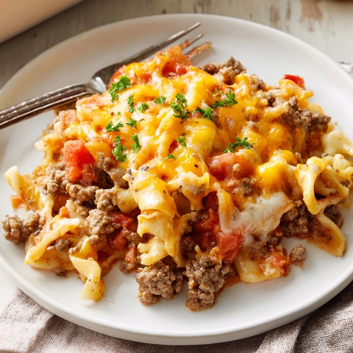 Slices of Beef Noodle Casserole on plate, savory tomato aroma and parsley