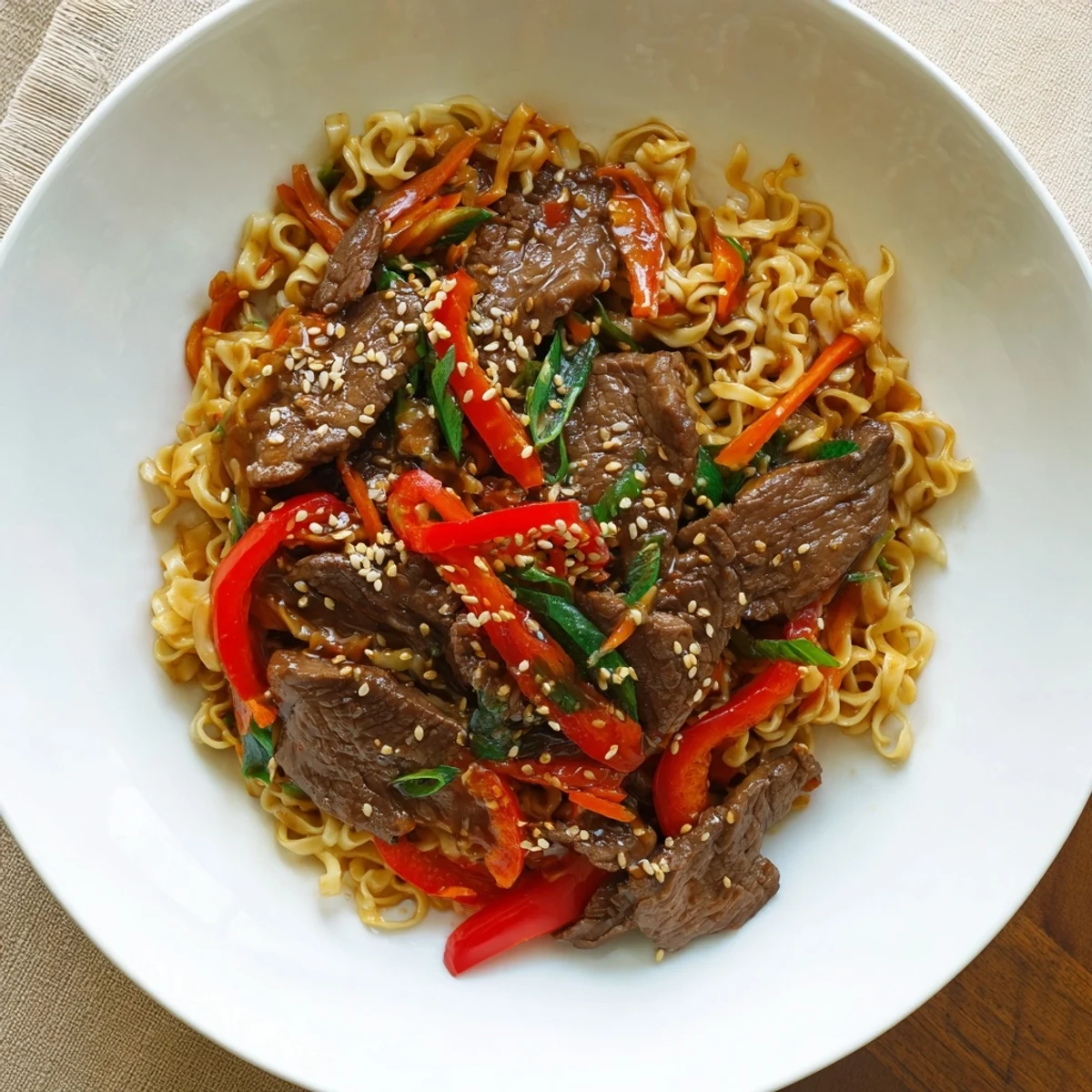 Steaming Sticky Beef Noodles glistening with glossy sauce, tender beef, scallions