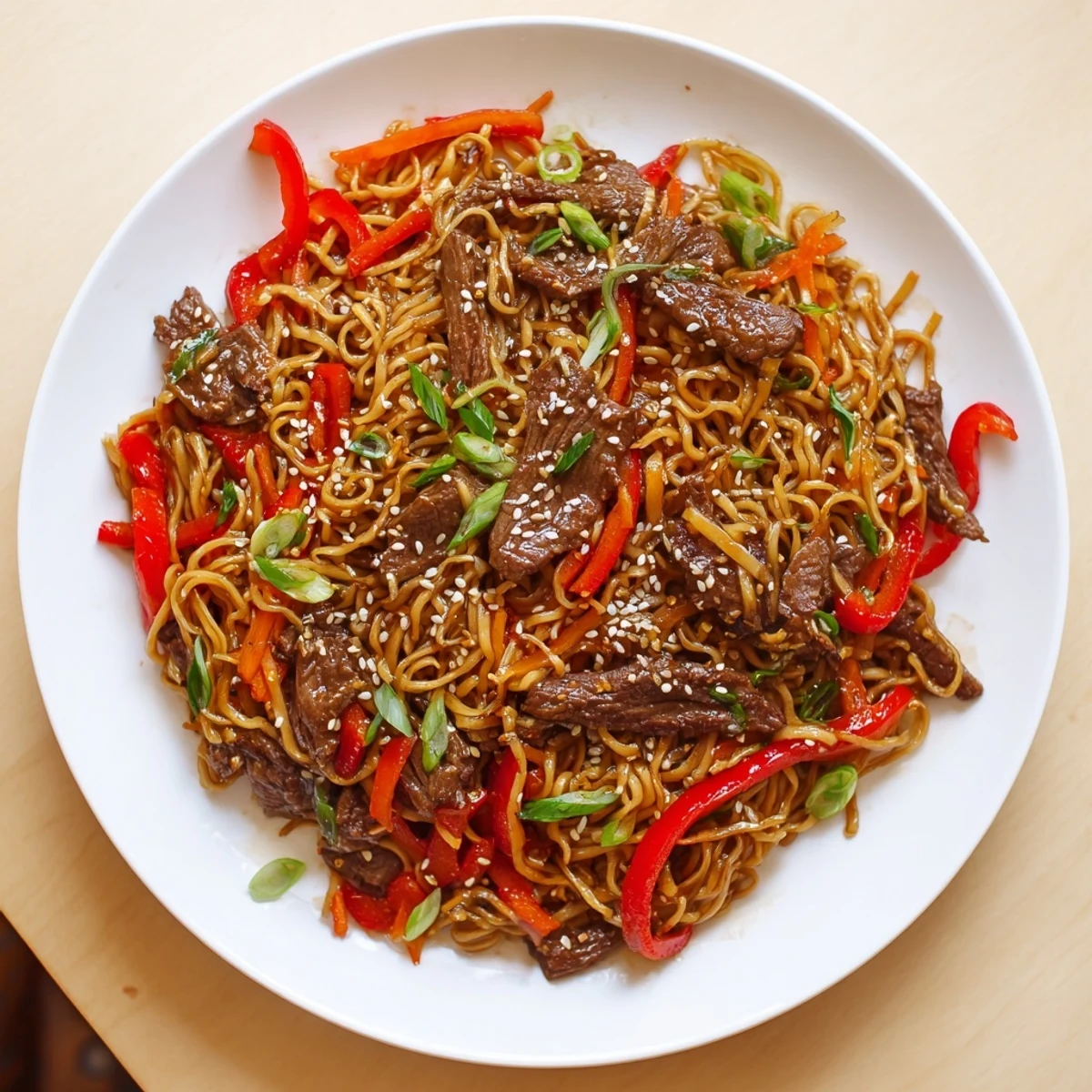 Chopstick-ready Sticky Beef Noodles with chewy strands, vibrant peppers, fresh cilantro