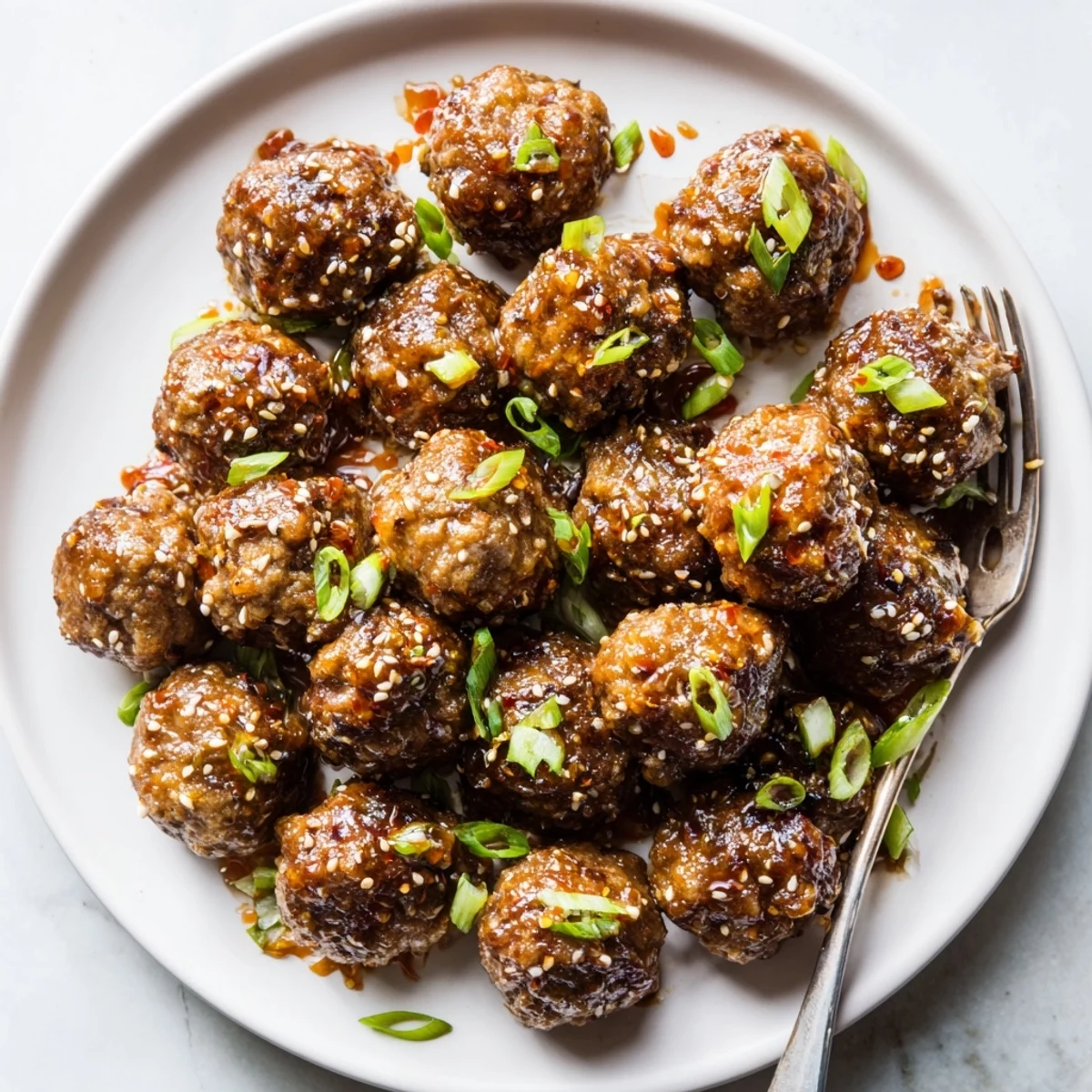 Firecracker Meatballs glazed in glossy spicy-sweet sauce, sprinkled with sesame.