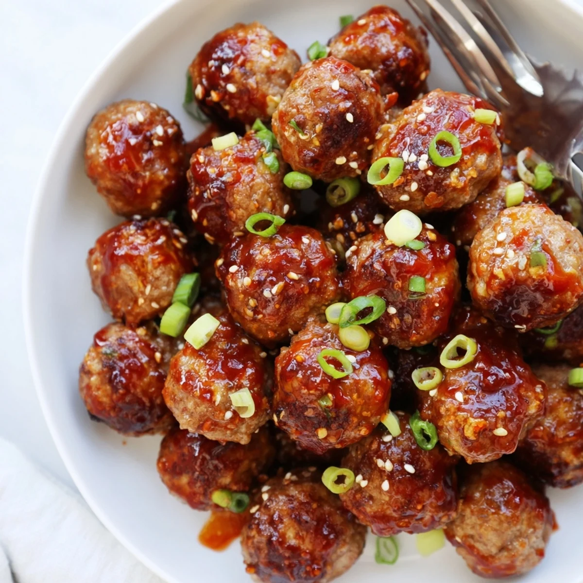 Bite-sized Firecracker Meatballs tossed in sticky hot sauce, green onions garnish.