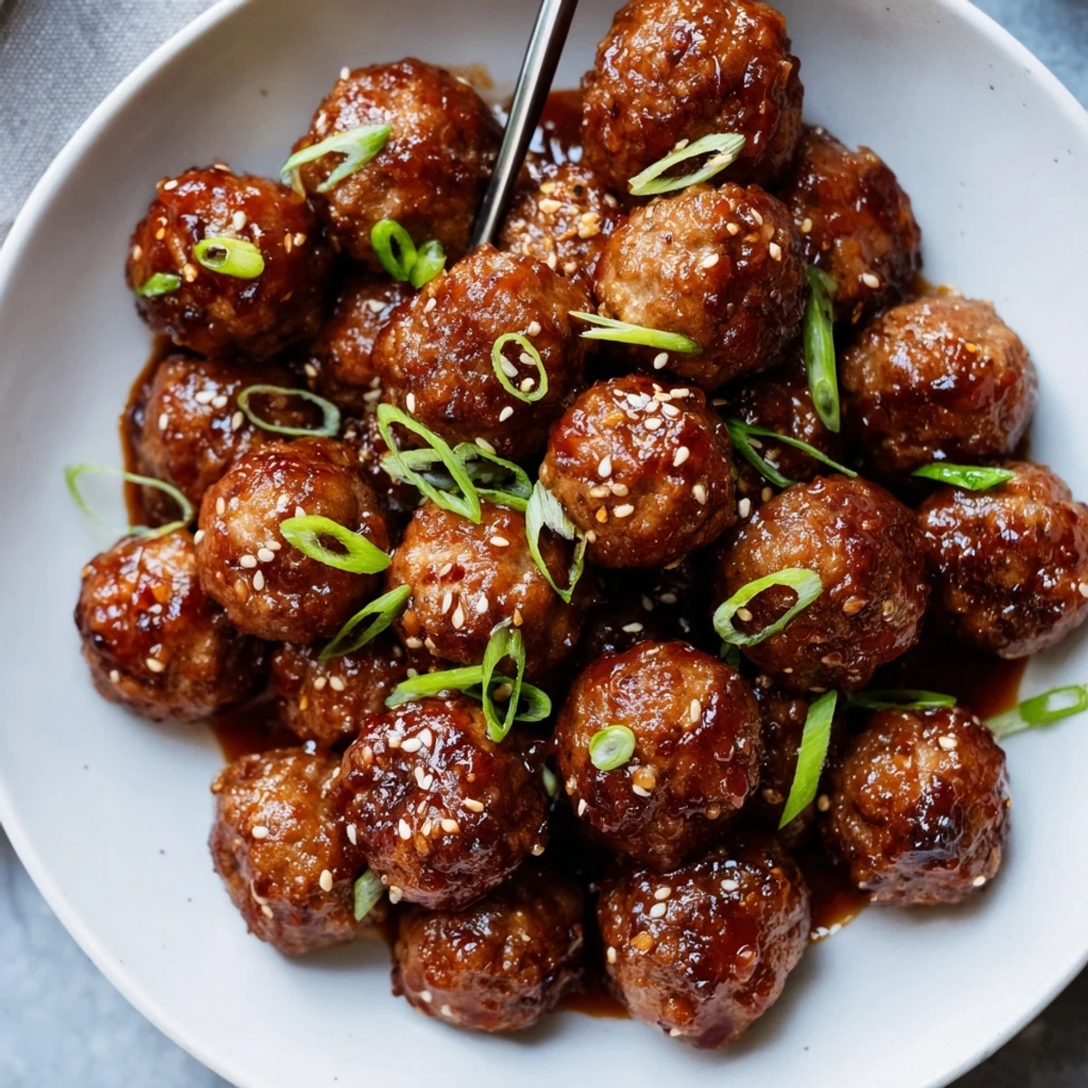 Crispy oven-baked Firecracker Meatballs served with steaming rice and lime wedge.
