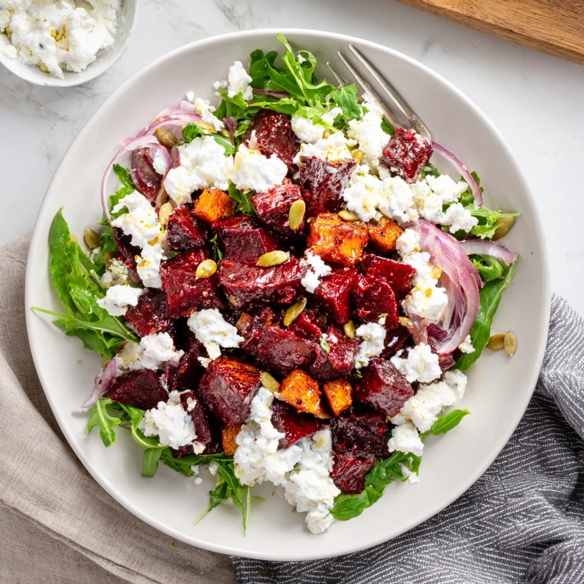 Creamy Roasted Beet Salad With Sweet Potato Feta served warm, drizzled yogurt dressing.