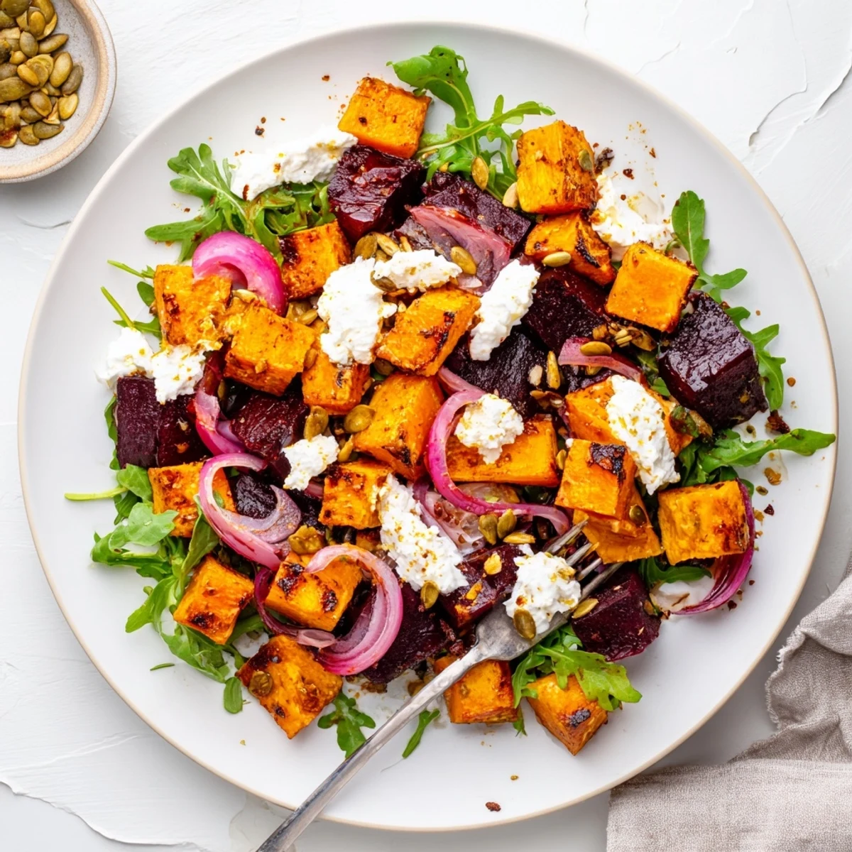 Bright roasted beets on arugula, Creamy Roasted Beet Salad With Sweet Potato Feta.