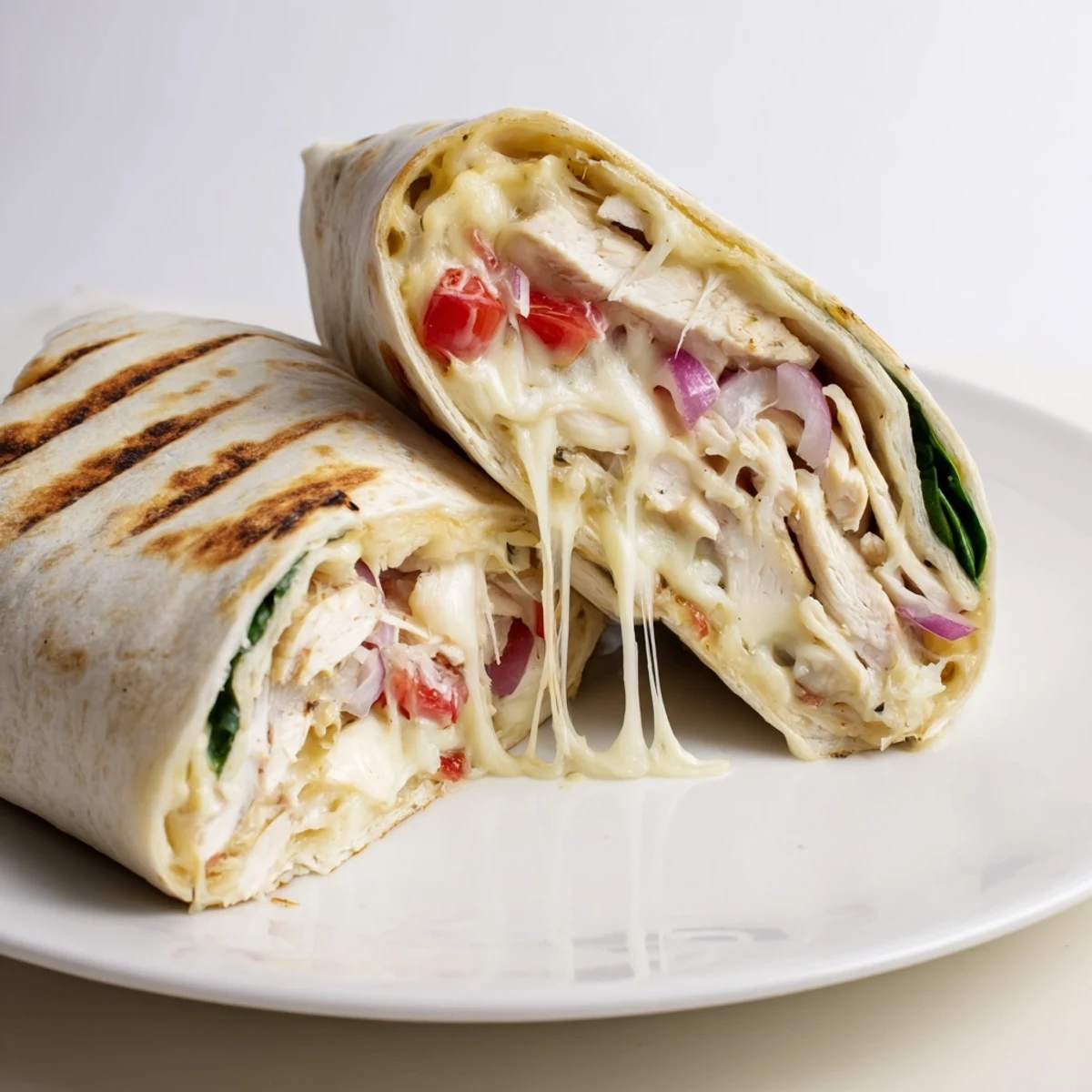 Warm Cozy Cheesy Garlic Chicken Wraps sliced in half, spinach and tomato peeking