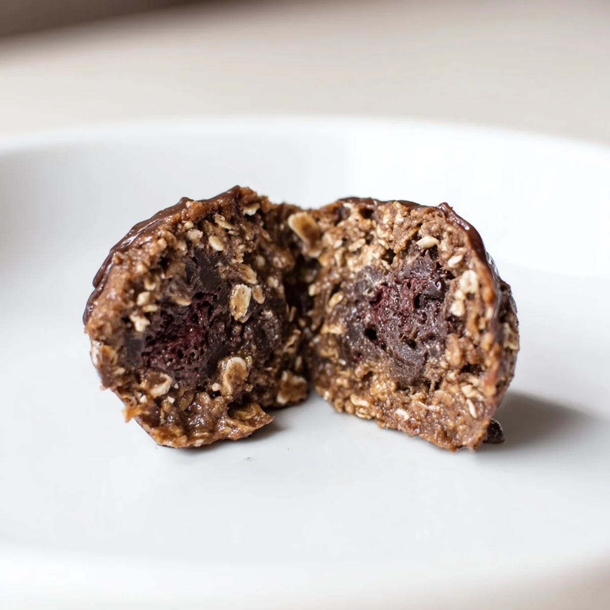 Close-up shows Brownie Protein Bites with fudgy centers, ideal snack for mornings.
