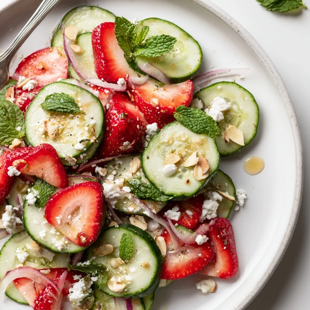 Cucumber Strawberry Salad with mint and feta, glistening in light.