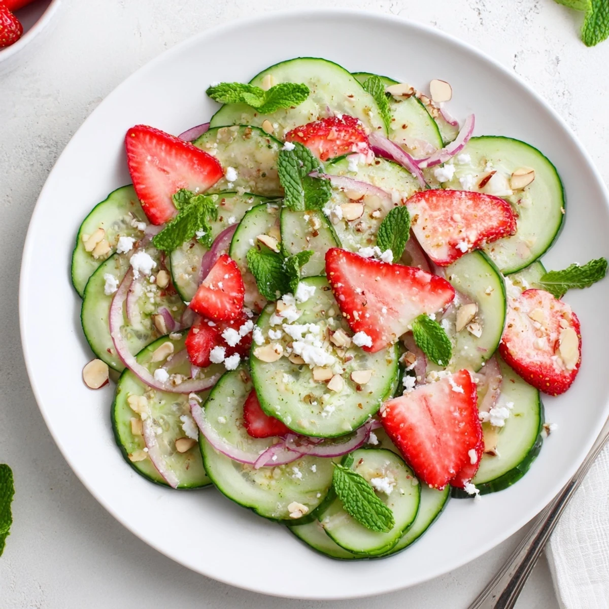 Bright bowl of Cucumber Strawberry Salad tossed in honey-balsamic dressing.