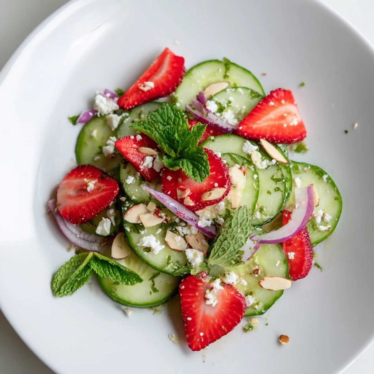 Serve Cucumber Strawberry Salad chilled alongside grilled chicken for summer meals.