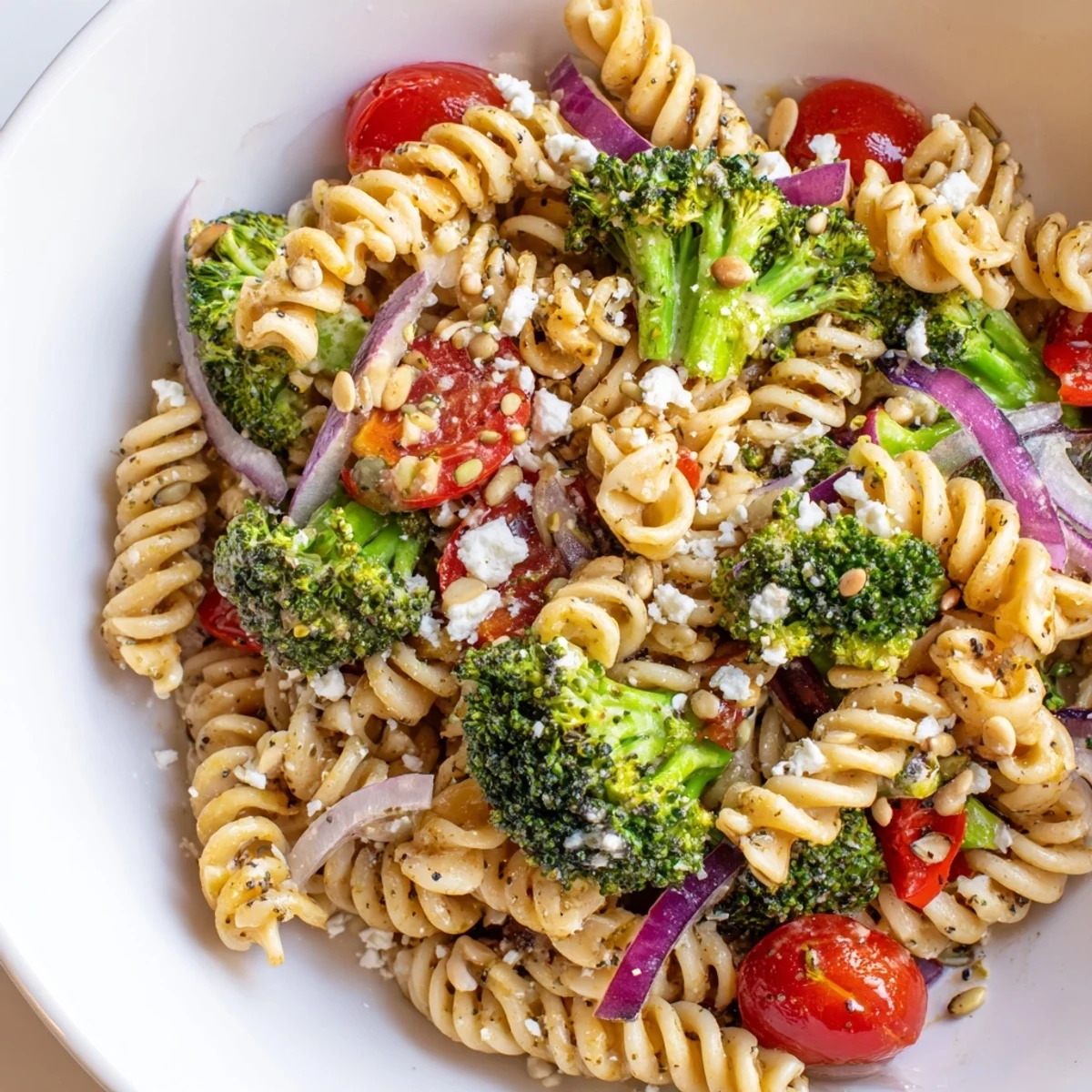 Chilled Broccoli Pasta Salad tossed with crunchy florets and toasted sunflower seeds