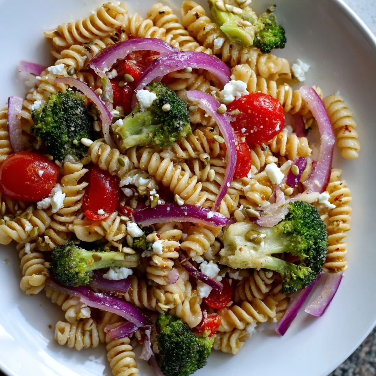 Broccoli Pasta Salad with al dente rotini, bright tomatoes, lemony Dijon dressing