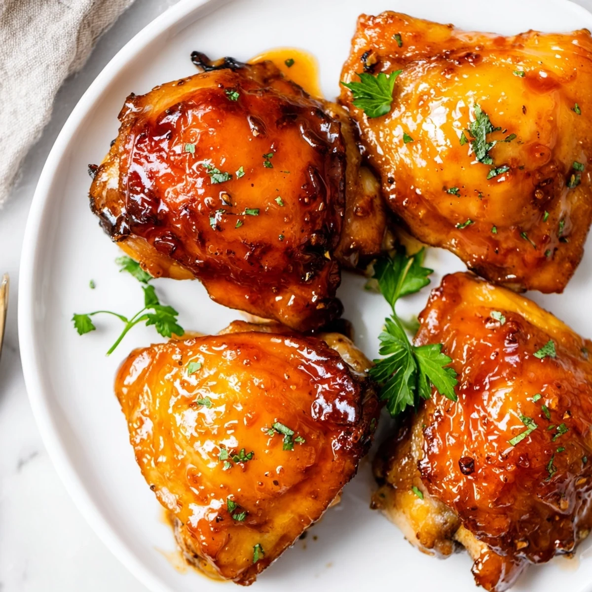 Maple Glazed Chicken Thighs with caramelized skin, glossy glaze and parsley