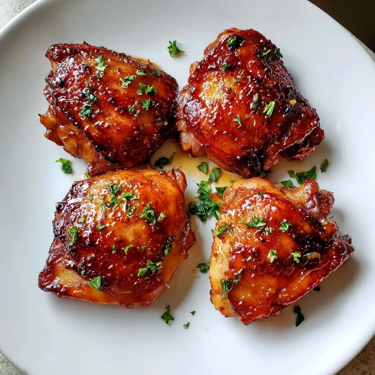 Oven baked Maple Glazed Chicken Thighs resting on roasted potatoes, juices shimmering