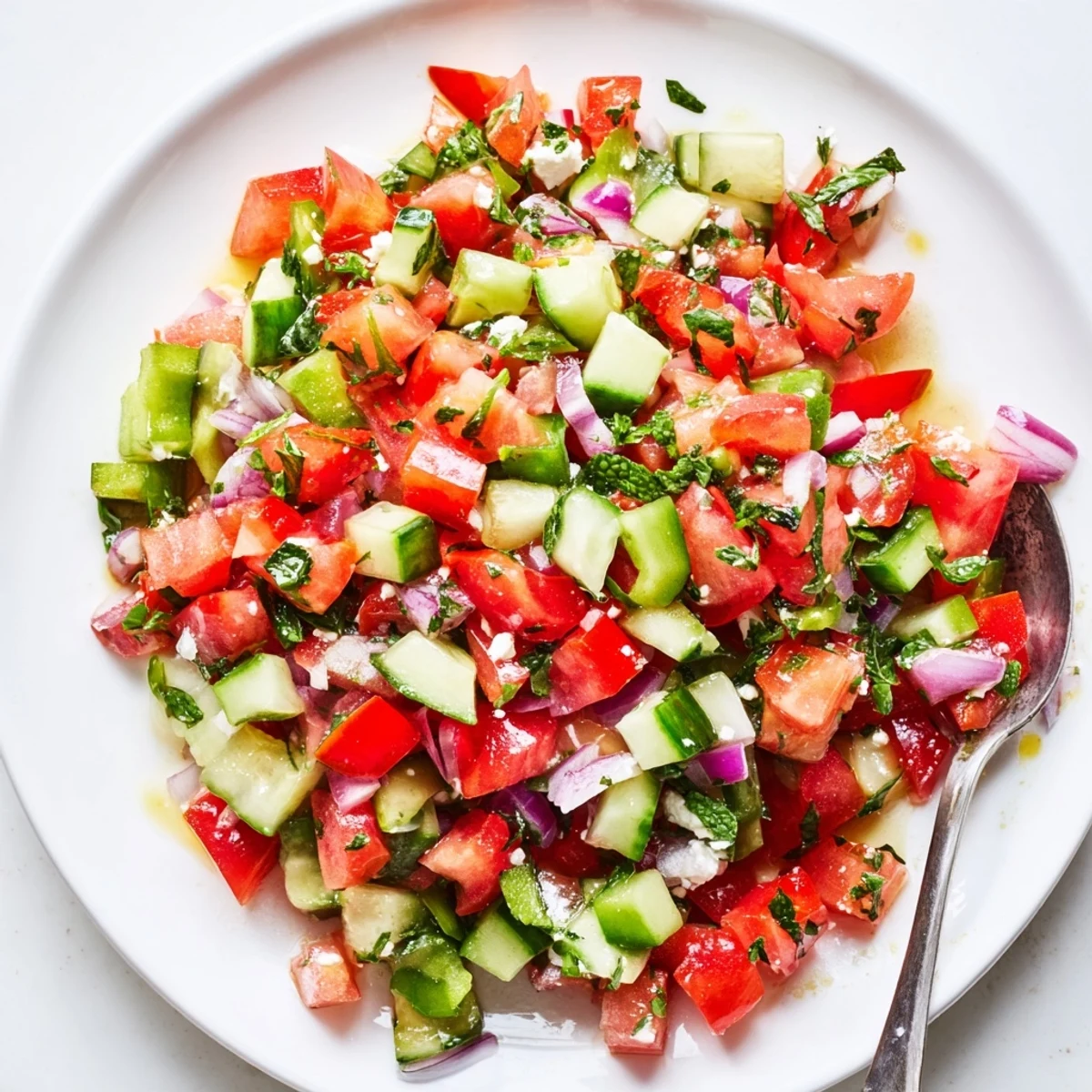 Turkish Shepherds Salad with glossy diced tomatoes, cucumbers, parsley, lemony dressing.