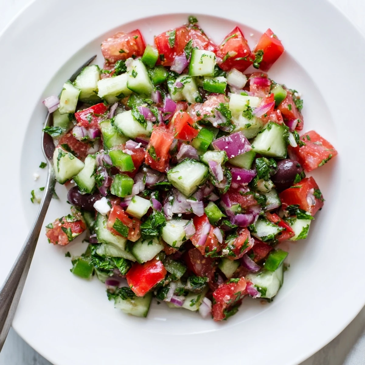 Bright Turkish Shepherds Salad piled on platter, feta crumbles and olives.