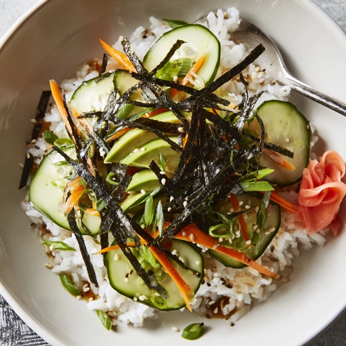 Bright Sushi Cucumber Salad tossed with cooled sushi rice and crunchy carrot