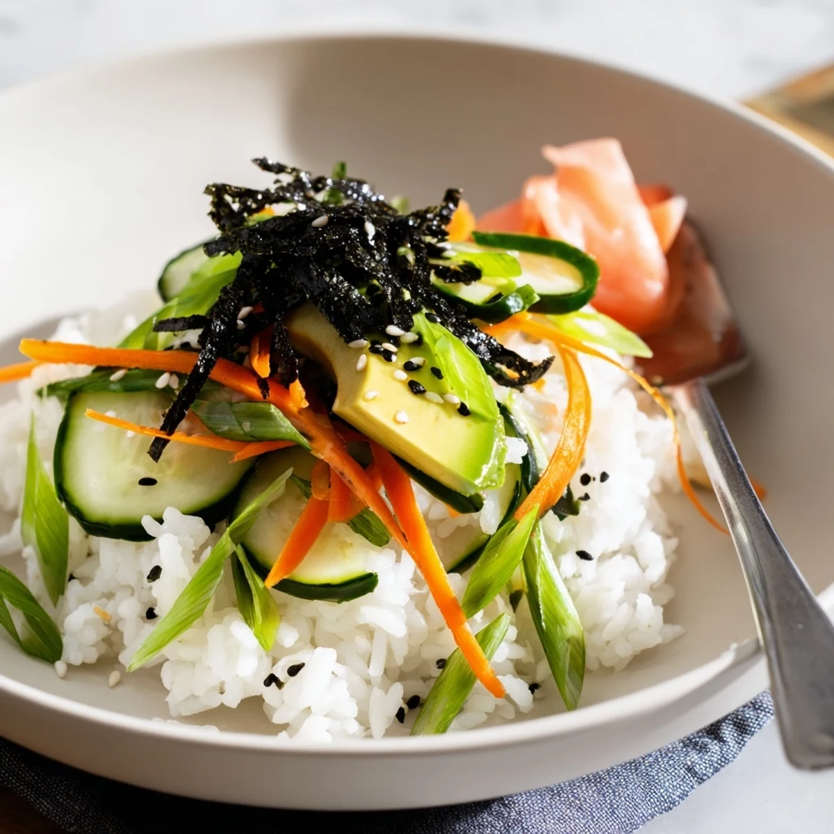 Chilled Sushi Cucumber Salad served in bowls, garnished with avocado and sesame