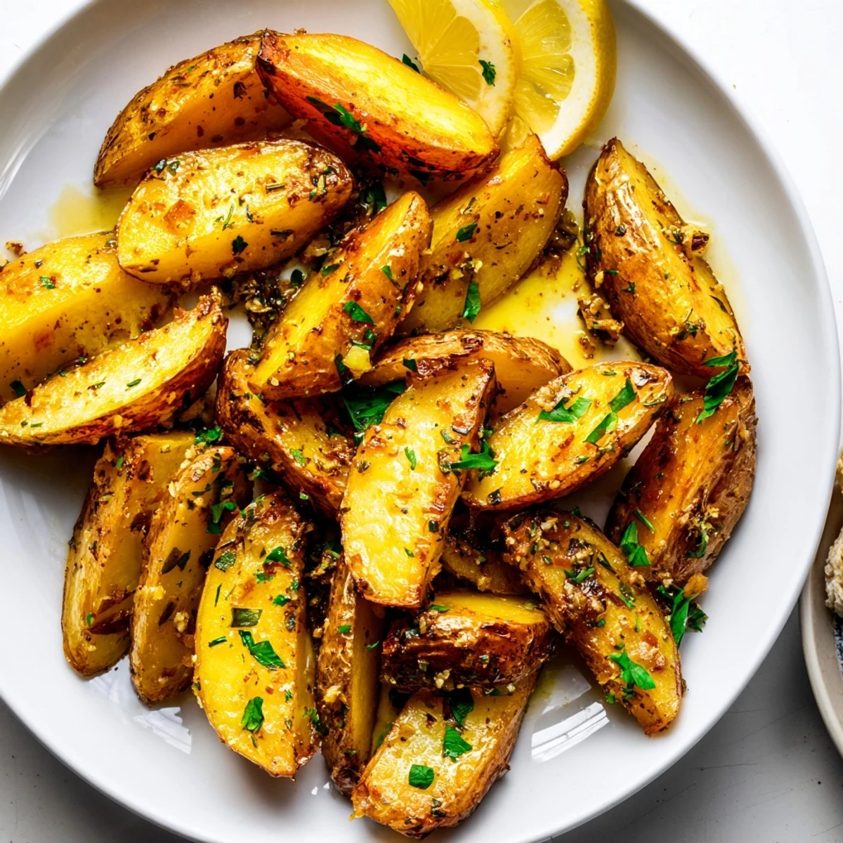 Authentic Greek Lemon Potatoes Recipe showing golden wedges, crispy edges and steaming