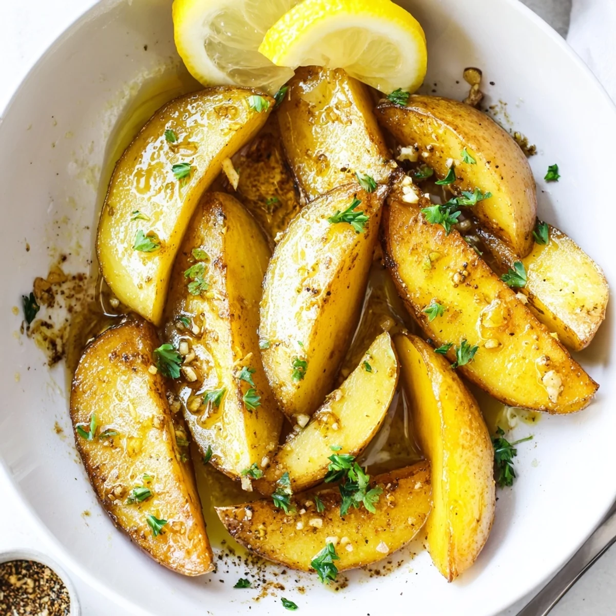 Plate of Authentic Greek Lemon Potatoes Recipe garnished with parsley and lemon