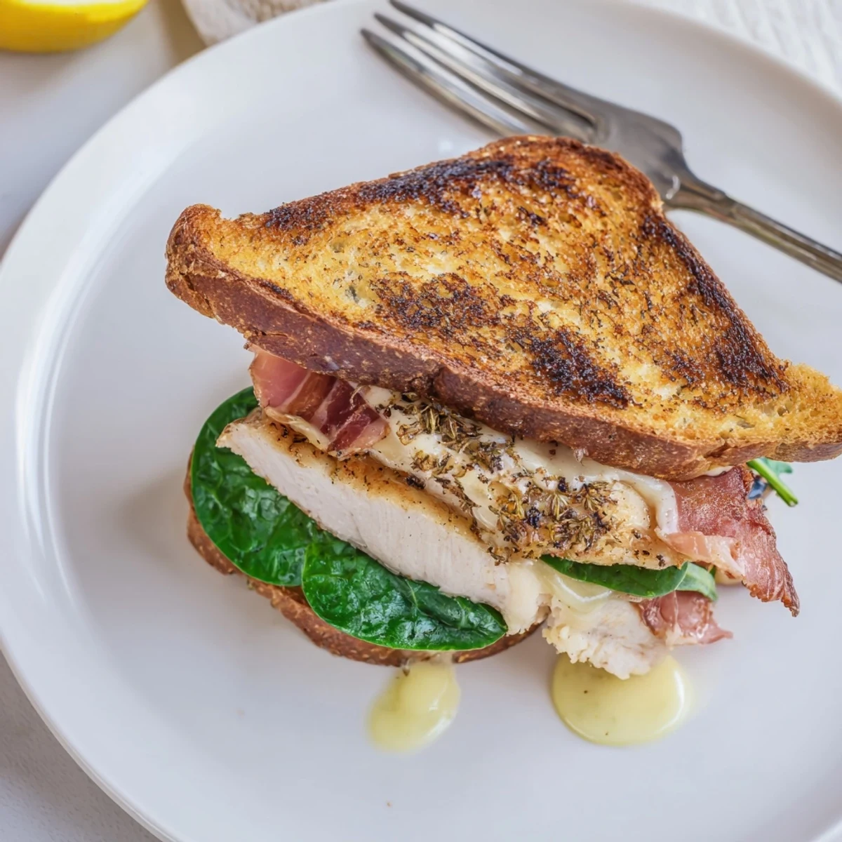 Grilled Chicken Cordon Bleu Sandwich with melty Swiss, smoky ham, toasted brioche.