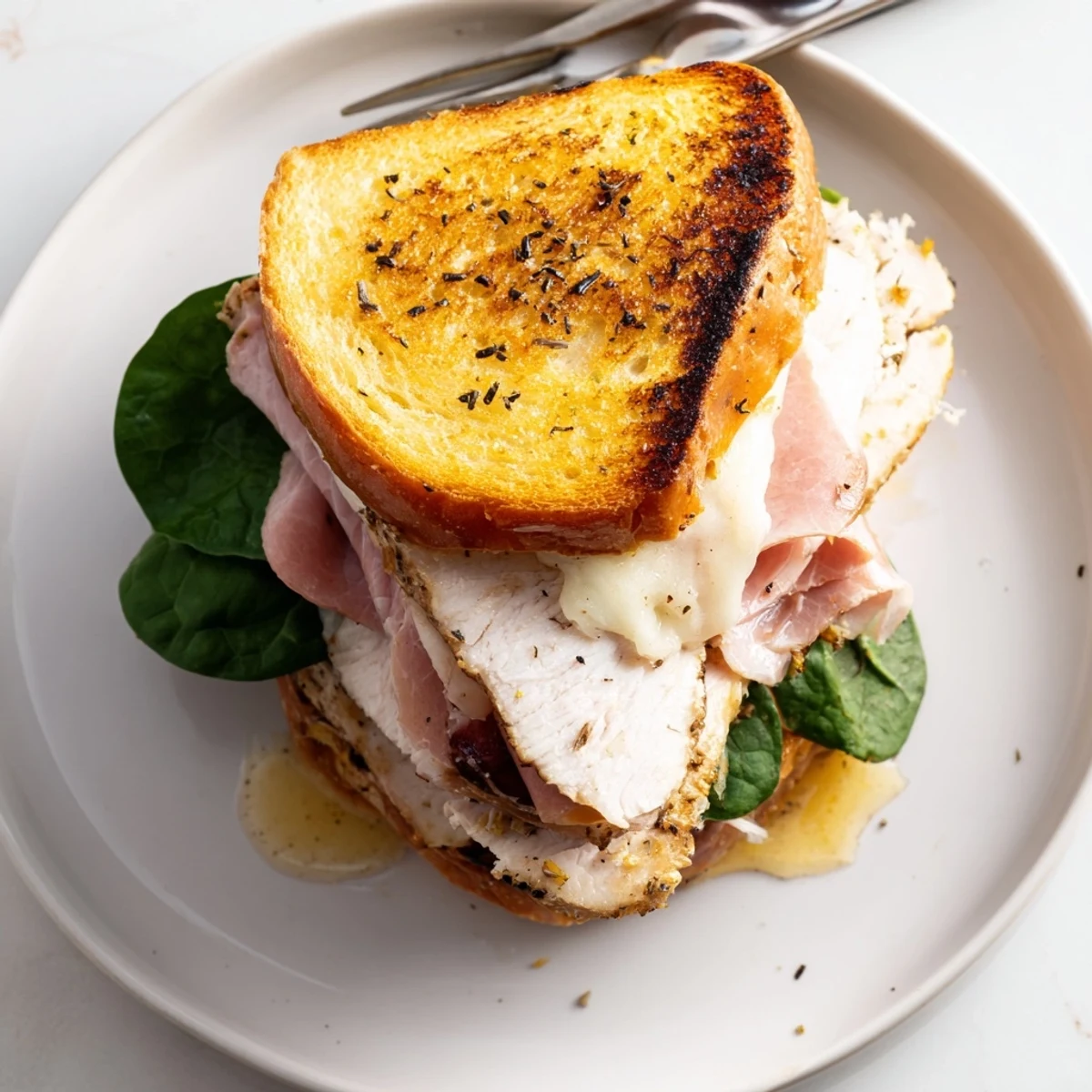 Juicy Grilled Chicken Cordon Bleu Sandwich topped with Dijon sauce and spinach.