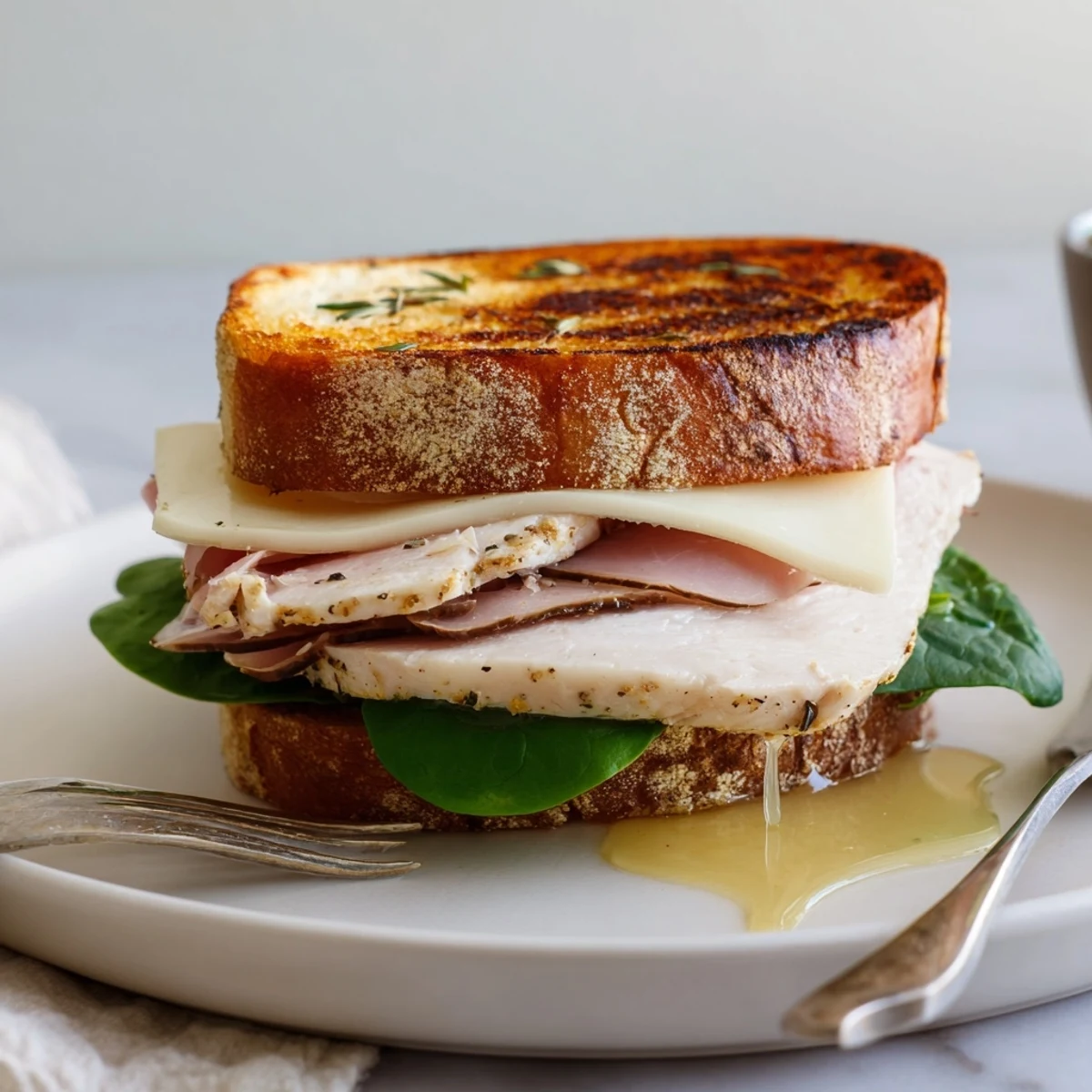 Hot Grilled Chicken Cordon Bleu Sandwich oozing cheese, served with crisp pickles.