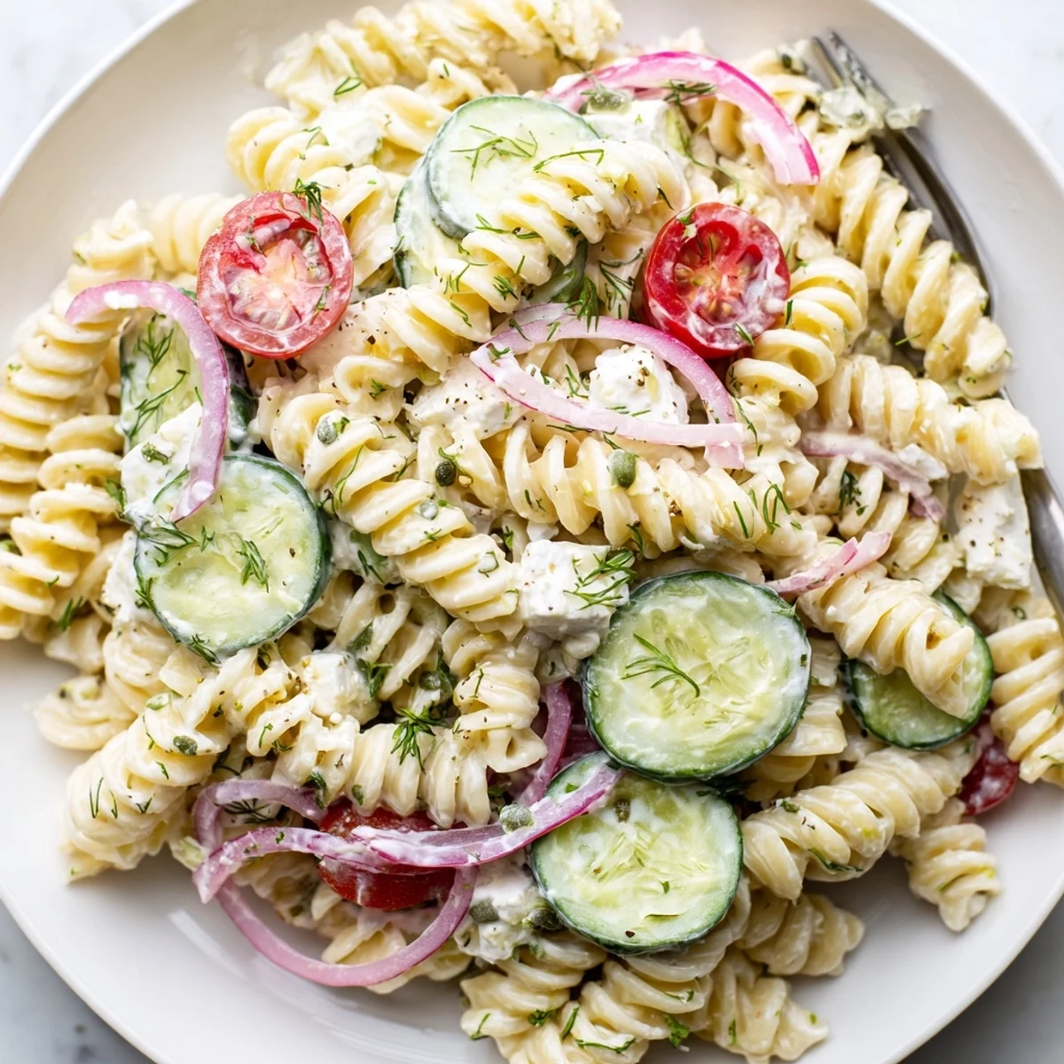 Chilled Cucumber Pasta Salad tossed with feta, capers, vibrant herbs for picnics