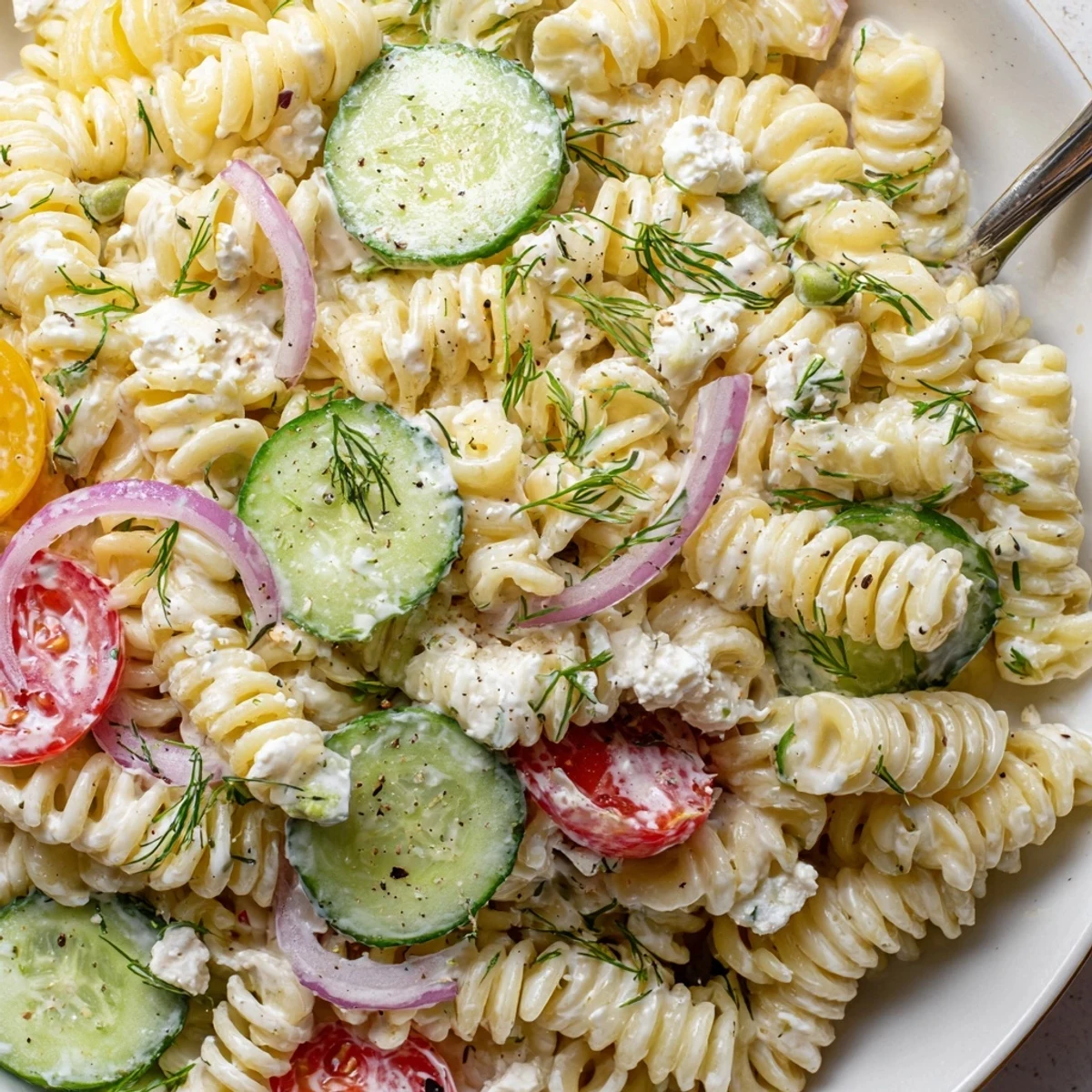 Bowl of Cucumber Pasta Salad showing tender pasta, crunchy cucumber, tangy dressing