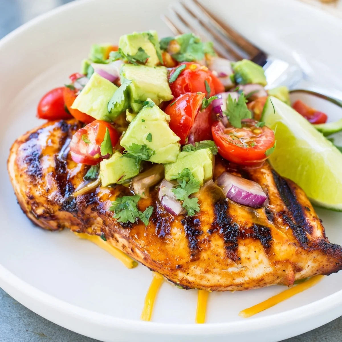 Grilled Fiesta Lime Chicken With Avocado topped with zesty avocado-tomato salsa  