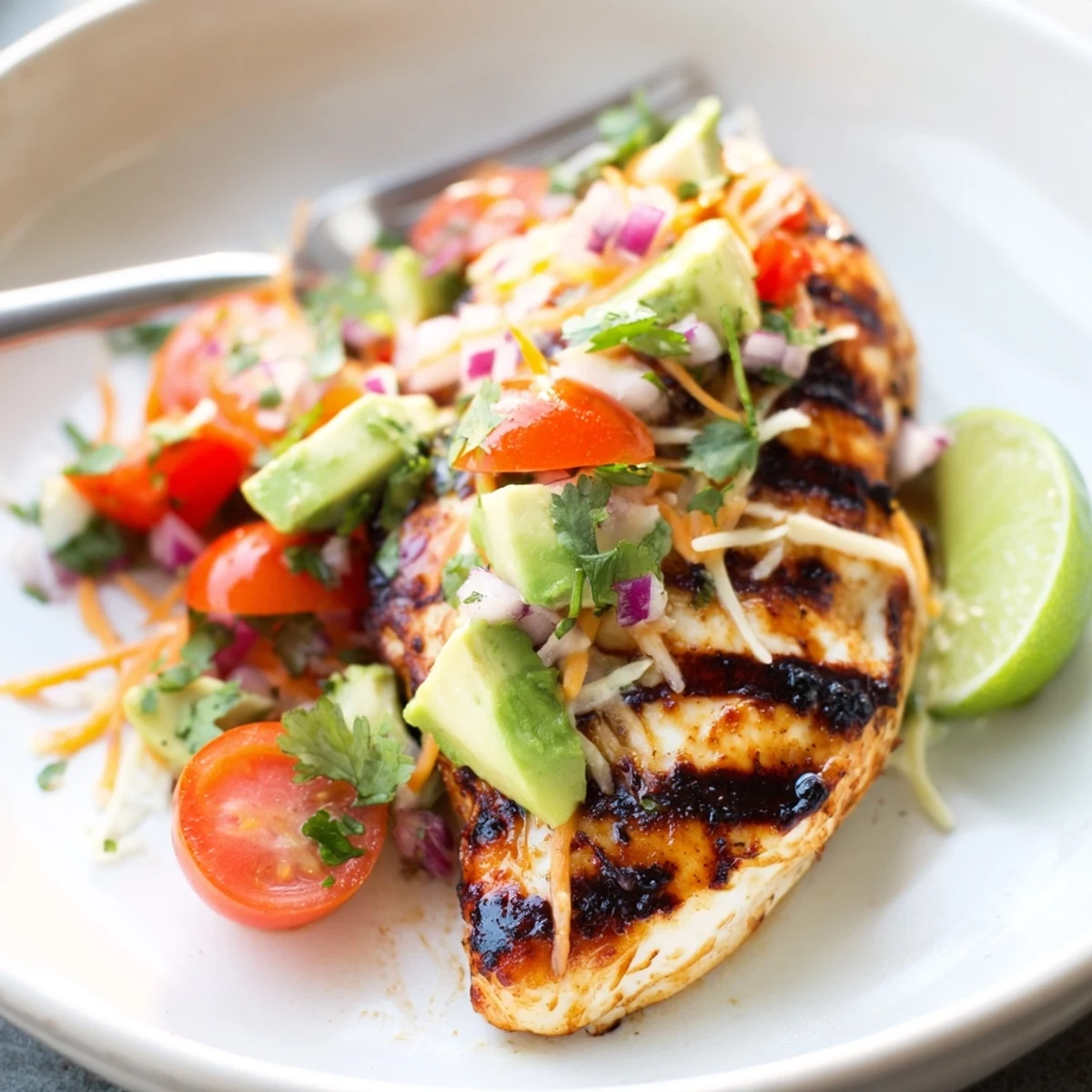 Marinated Fiesta Lime Chicken With Avocado glows with char marks and fresh lime