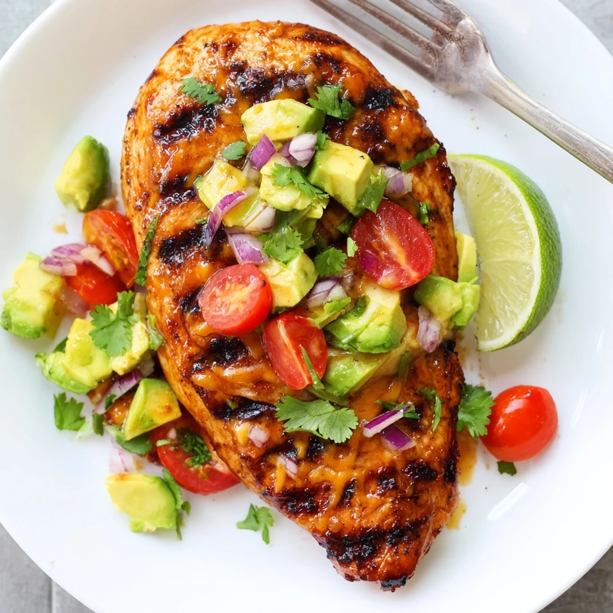 Sliced Fiesta Lime Chicken With Avocado served warm alongside cilantro-lime rice  