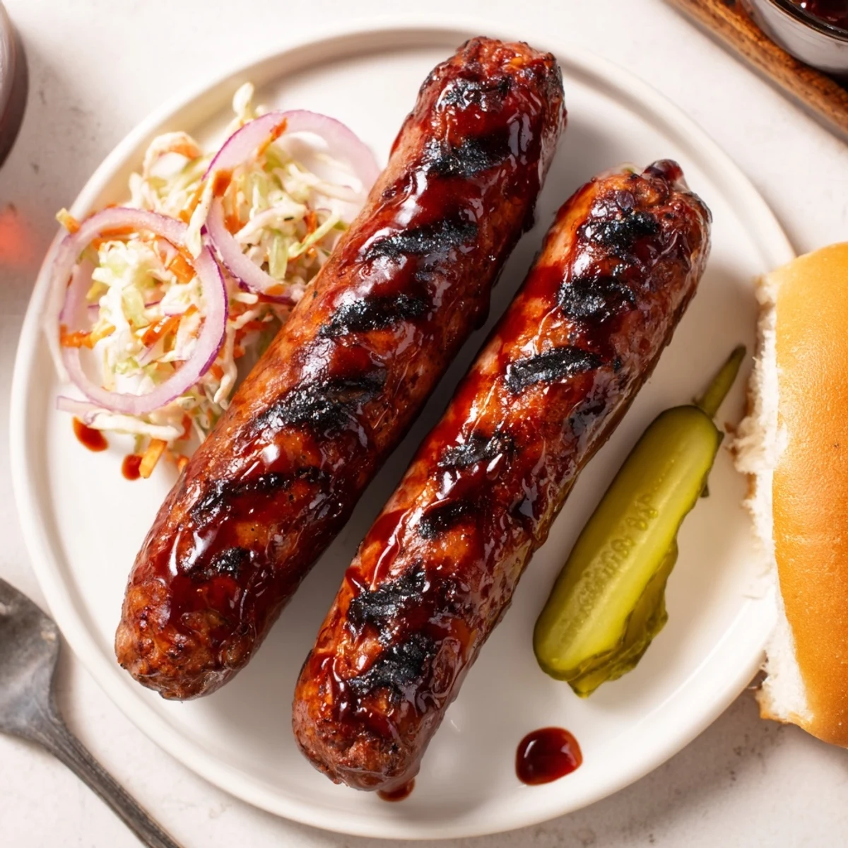 BBQ Sausage Recipe showing glistening, caramelized sausages on a hot grill