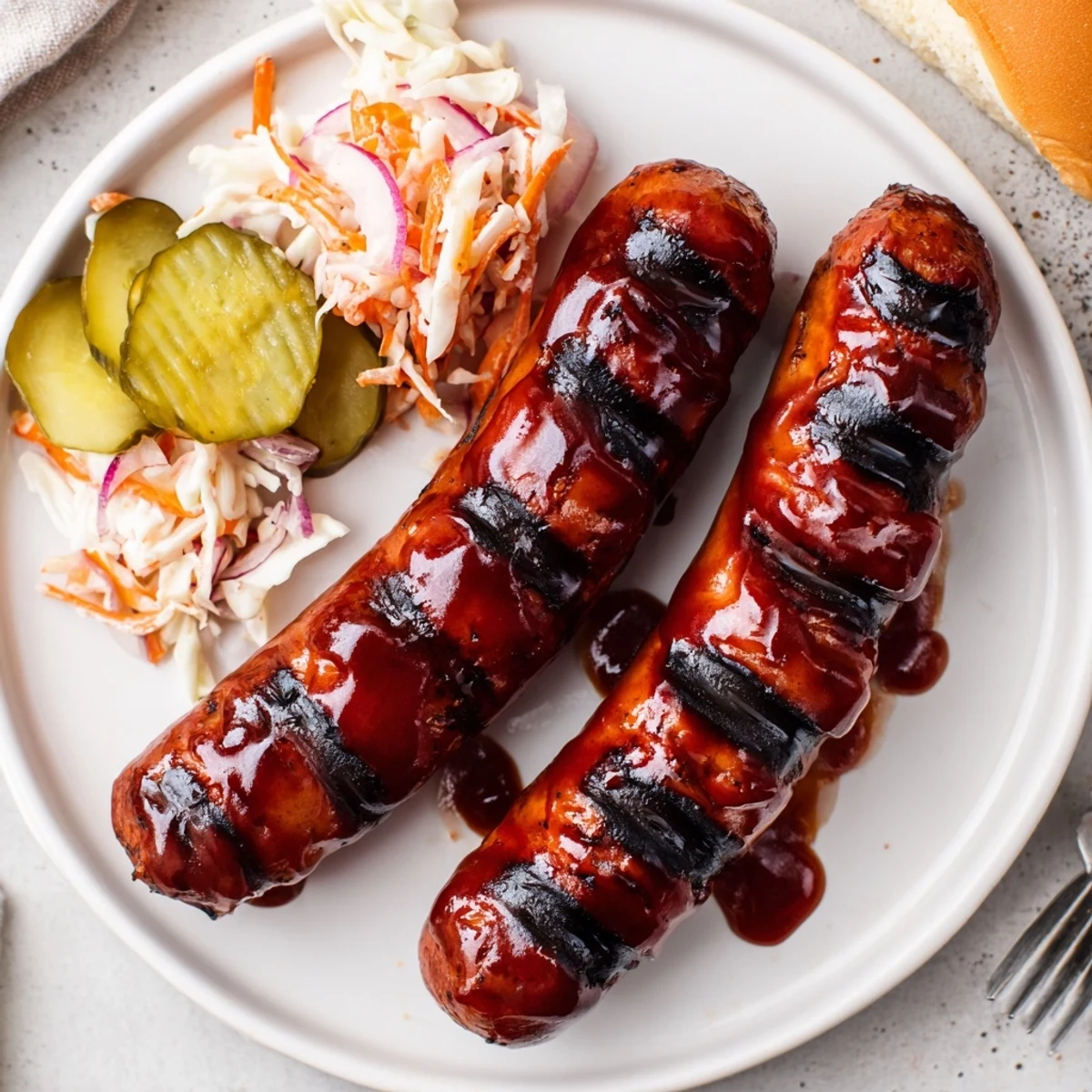 Smoky BBQ Sausage Recipe glazed with tangy sauce, grill marks visible