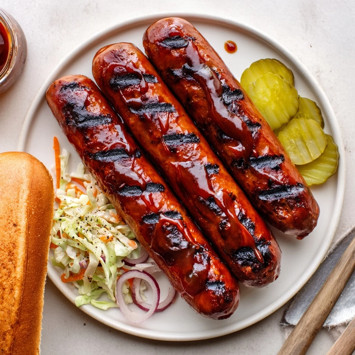 This BBQ Sausage Recipe piled in toasted buns with crunchy coleslaw