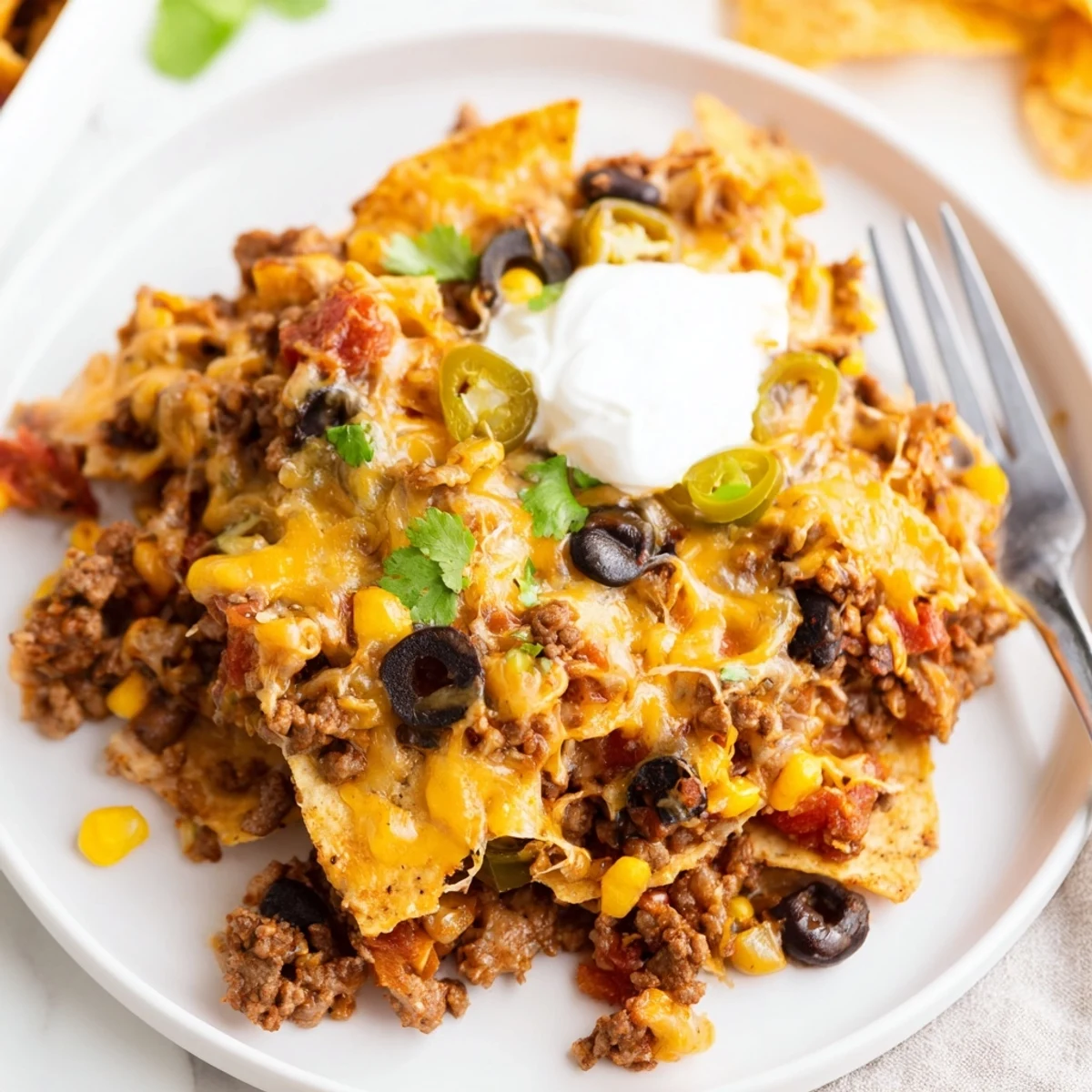Cheesy Nacho Casserole bubbling golden, layered with crunchy chips and melted cheddar