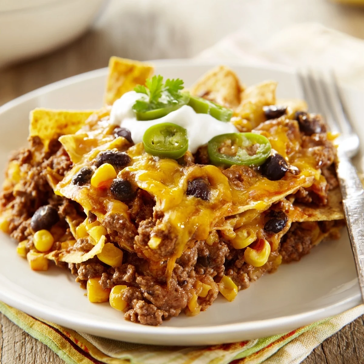 Warm Cheesy Nacho Casserole topped with sour cream, cilantro, and sliced jalapeños