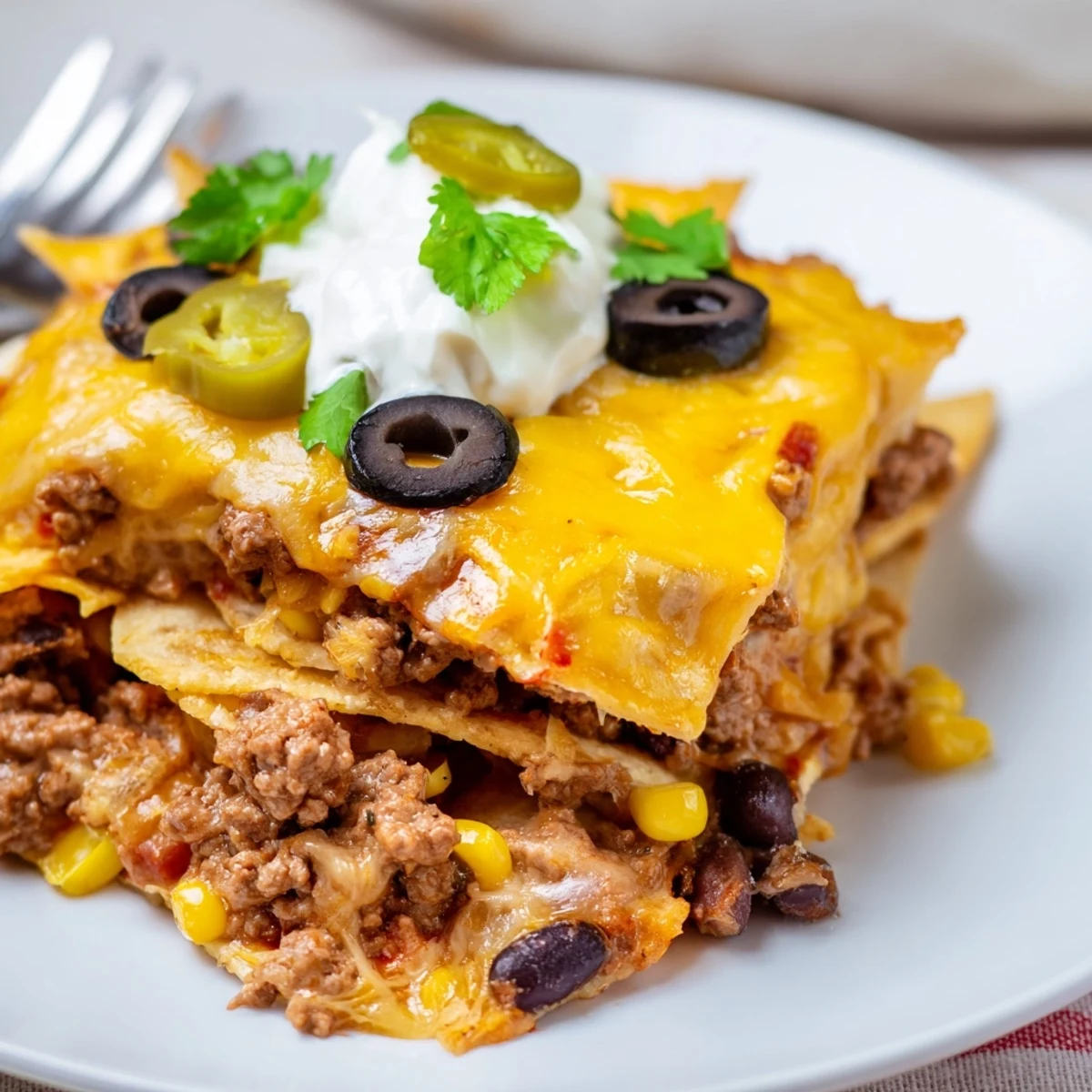 Slice of Cheesy Nacho Casserole showing seasoned beef, gooey cheese, crisp chips