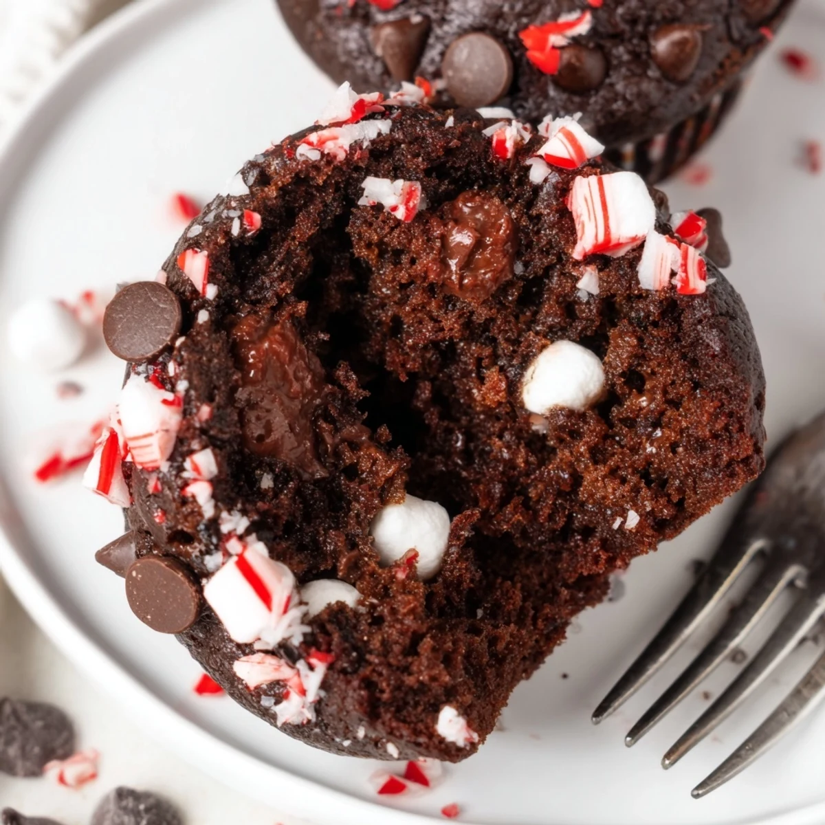 Warm Peppermint Hot Chocolate Muffins topped with melted chips and crushed peppermint.