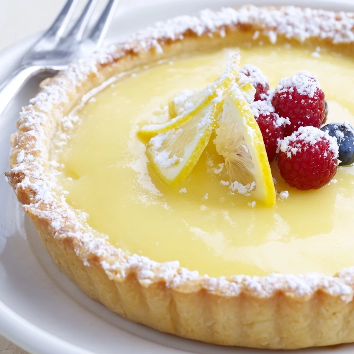 Creamy Lemon Tart Recipe on a golden crust dusted with powdered sugar