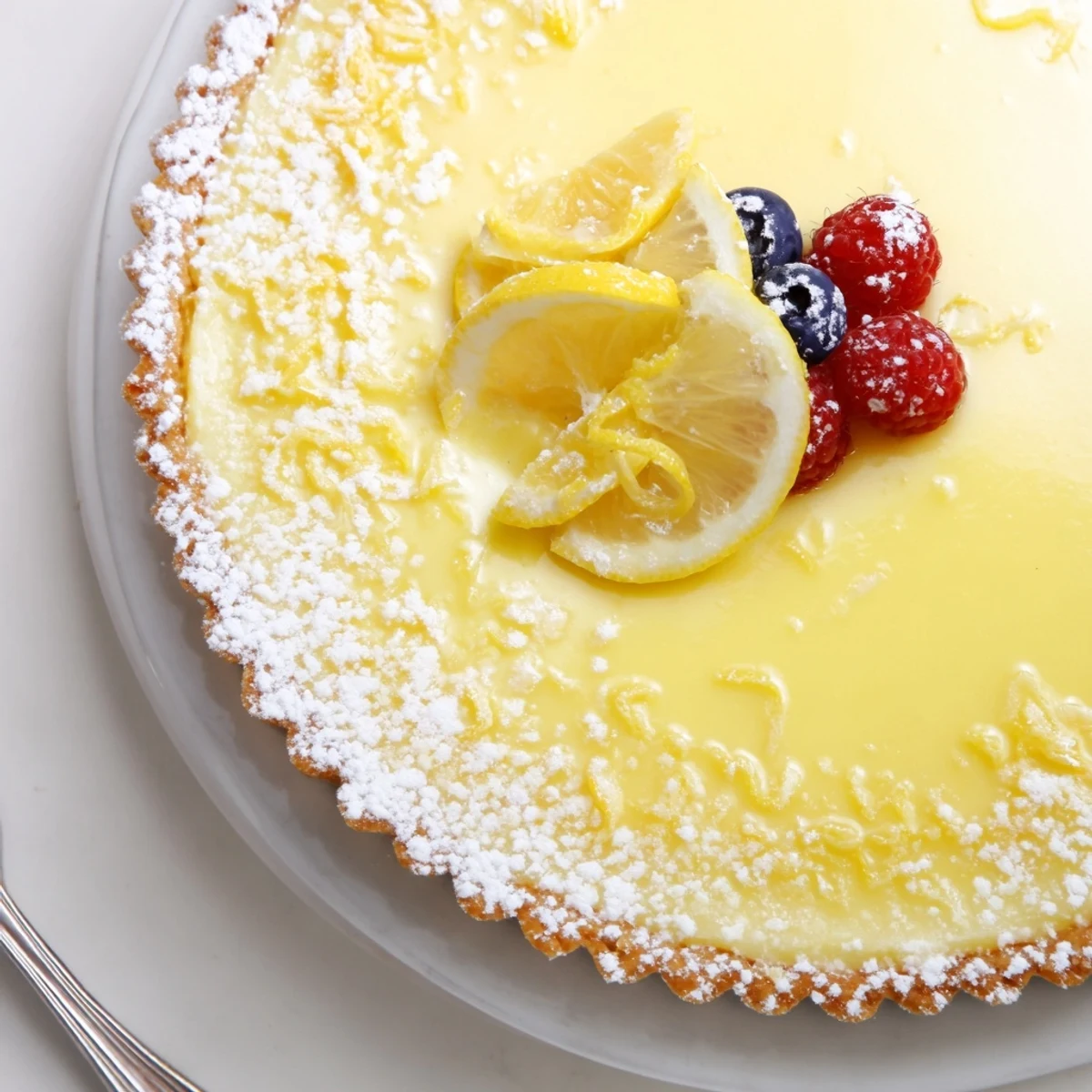 Silky, tangy Creamy Lemon Tart Recipe chilled, served with fresh berries and zest
